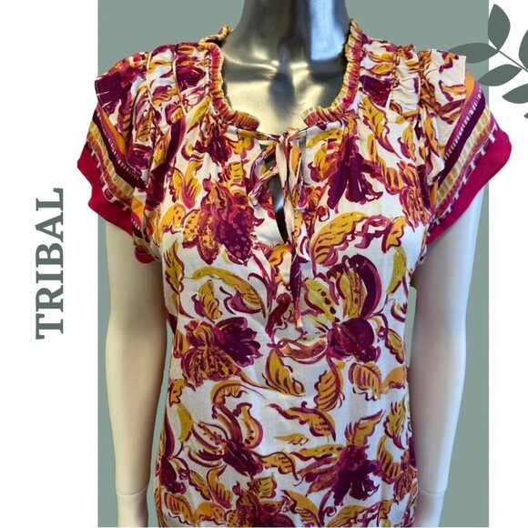 Tribal Border Print Knit Top Ruffle Short Sleeve Pink Yellow White Size XXL - Picture 5 of 9